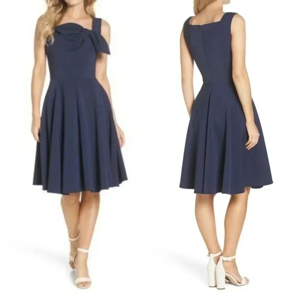Gal Meets Glam Size 10 Zoe Bow Neckline Midnight Blue Flare Sleeveless Dress